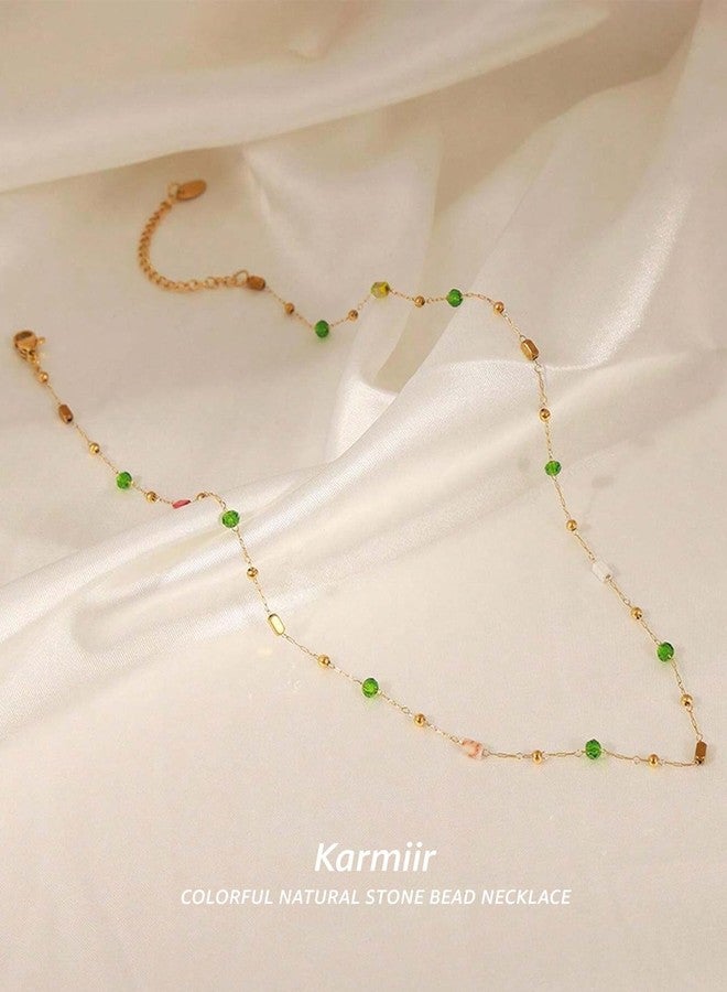 Karmiir Dainty Color Stones Necklace for Women, Stainless Steel Titanium Necklace with Oval Natural Stones, Cube Beads & Gold Accents, Station Necklace Women’s Jewelry for Layering & Daily Wear - Image 4